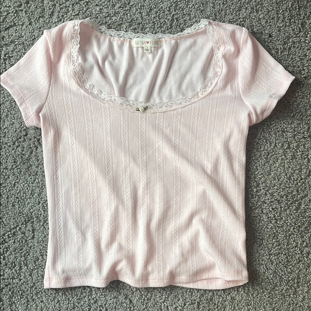 Ultra Flirt Women's Pink Lace Trim Top